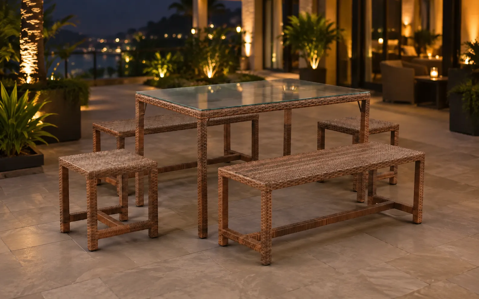 XIMU Furniture PE rattan outdoor dining set with glass table bench and stools