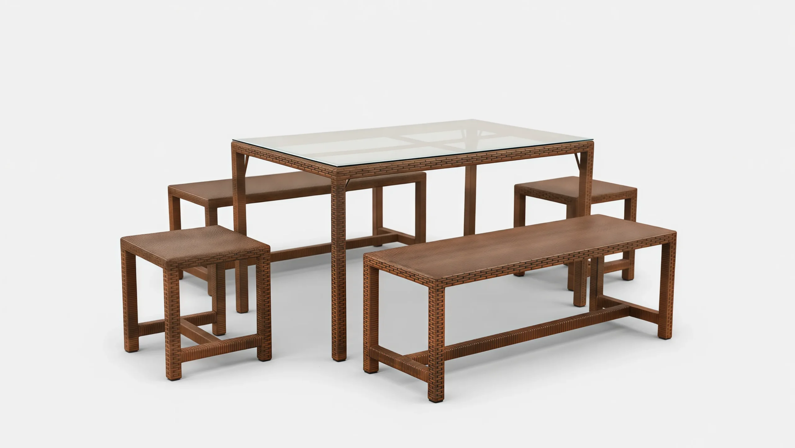 Weather-Resistant PE Rattan Outdoor Dining Set with Glass Table, Bench & Stools