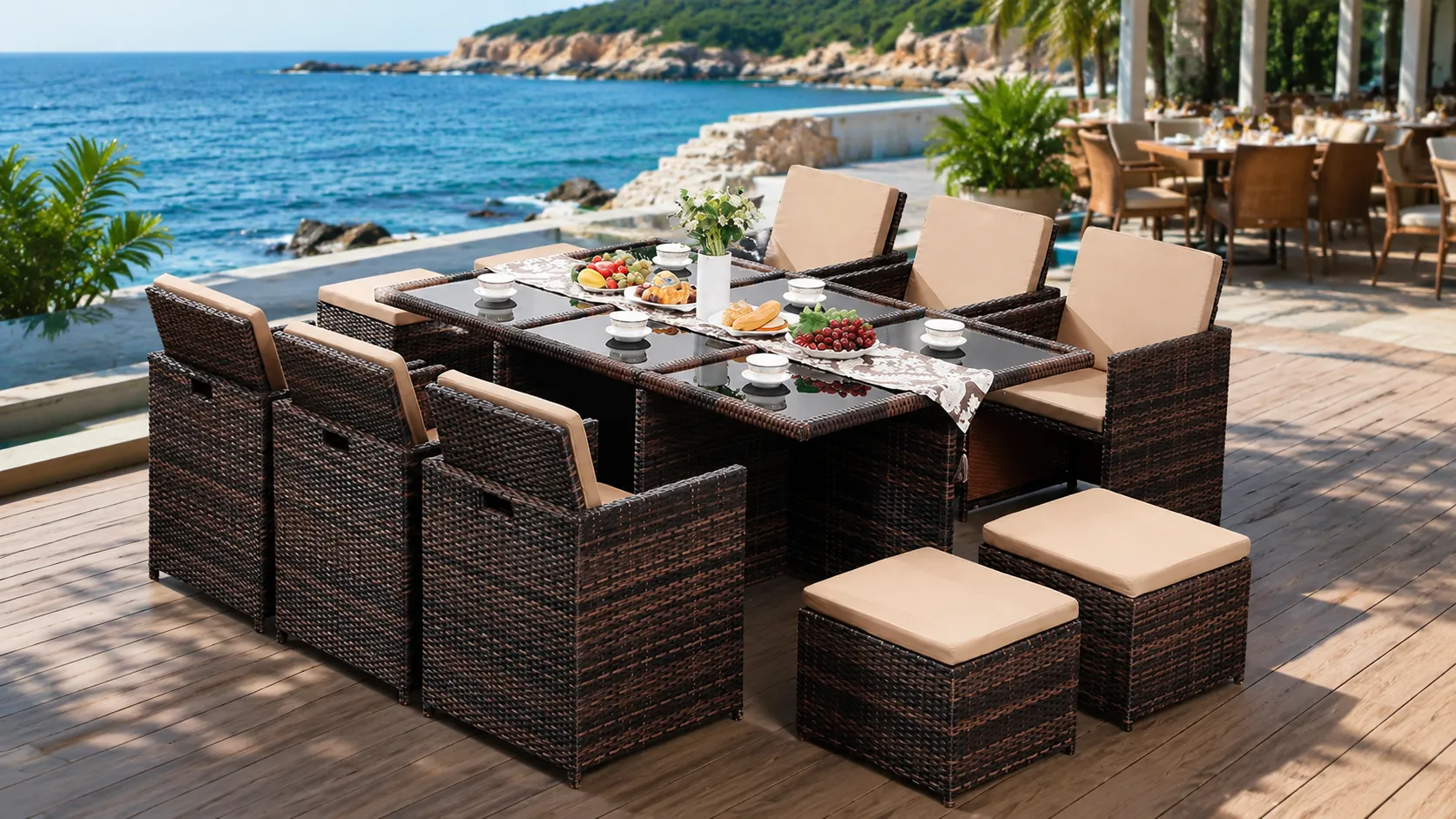 PE Rattan Outdoor Dining Set with 6 Chairs, 4 Stools & Rectangular Glass Table for Hotel Patio