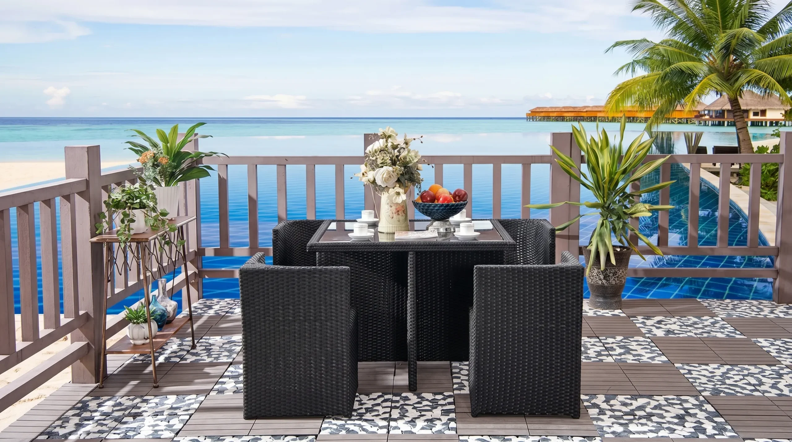 PE Rattan Outdoor Dining Set with 4 Chairs & Glass-Top Table for Patio, Balcony & Café