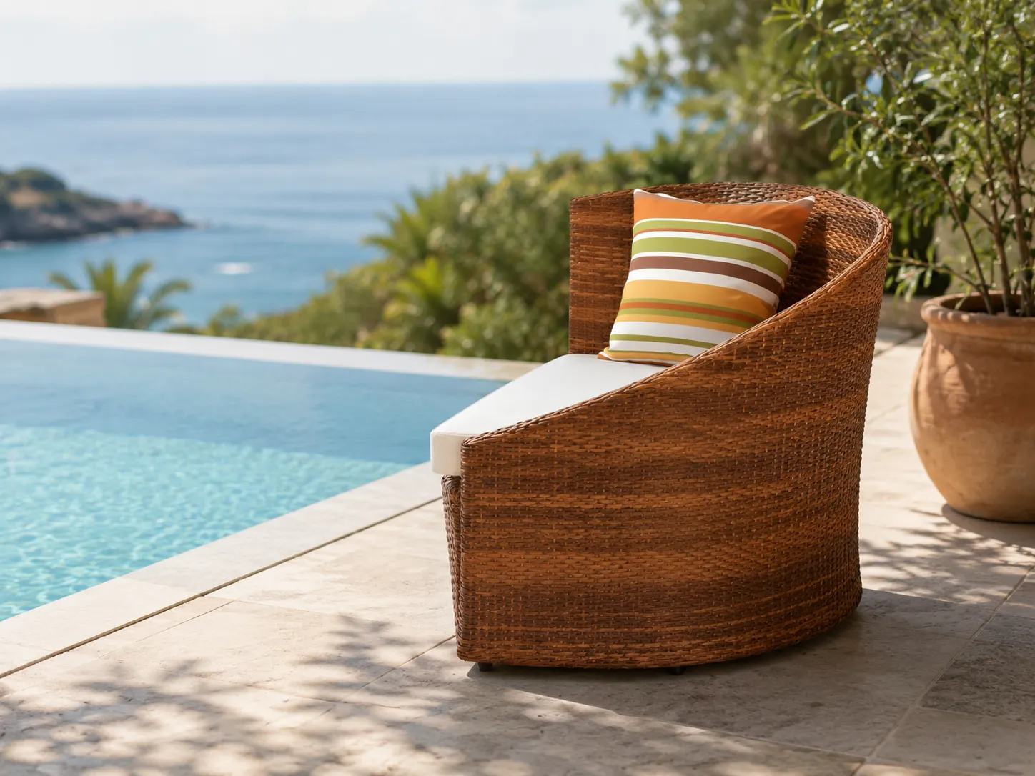 Side view of PE rattan outdoor lounge chair with curved wraparound backrest