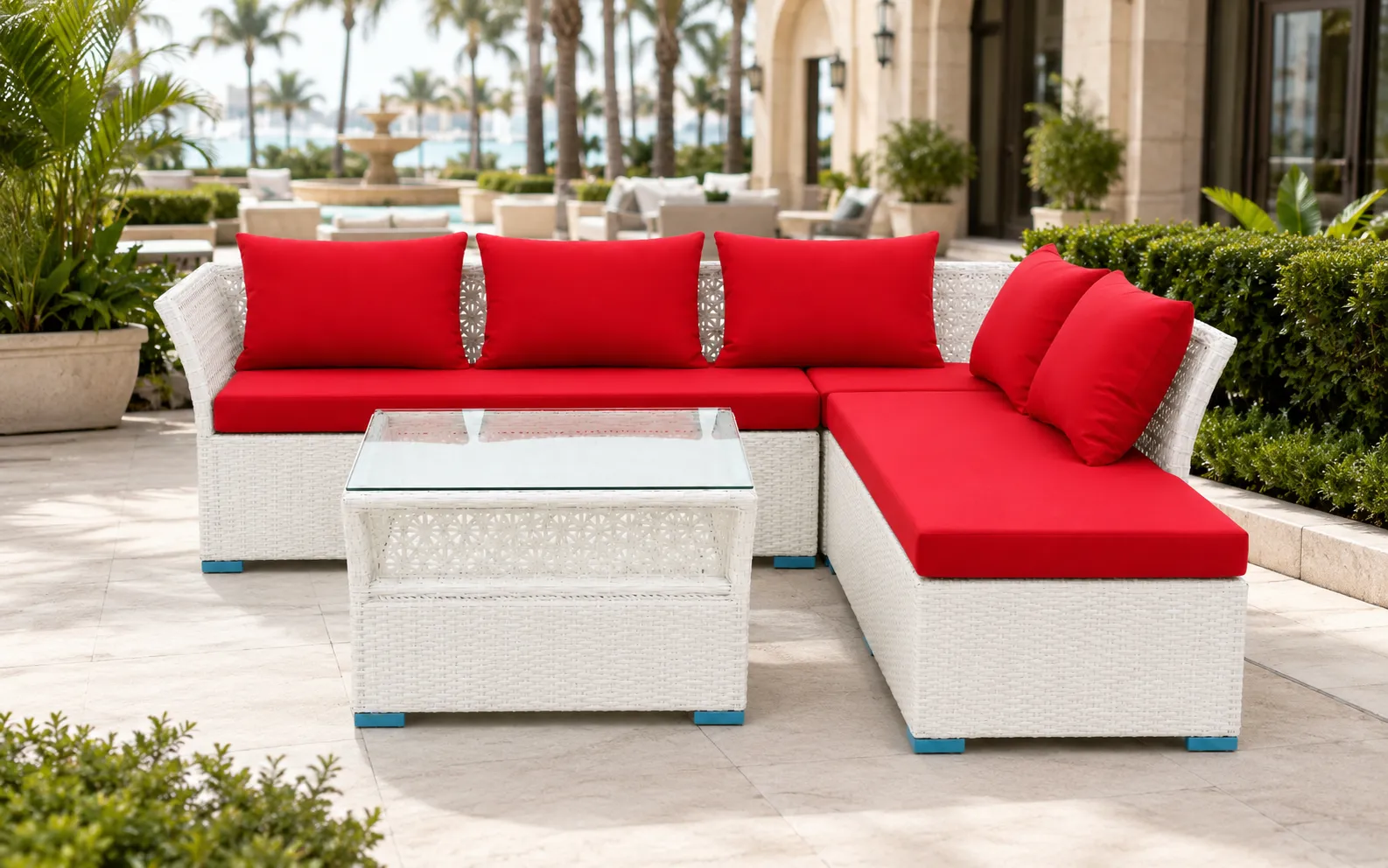 XIMU Furniture PE rattan outdoor sectional sofa set with red cushions and coffee table