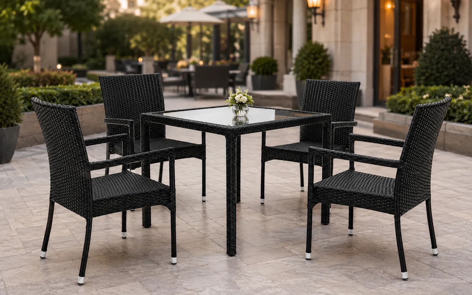 XIMU Furniture PE rattan patio dining set with 4 armchairs and square glass table