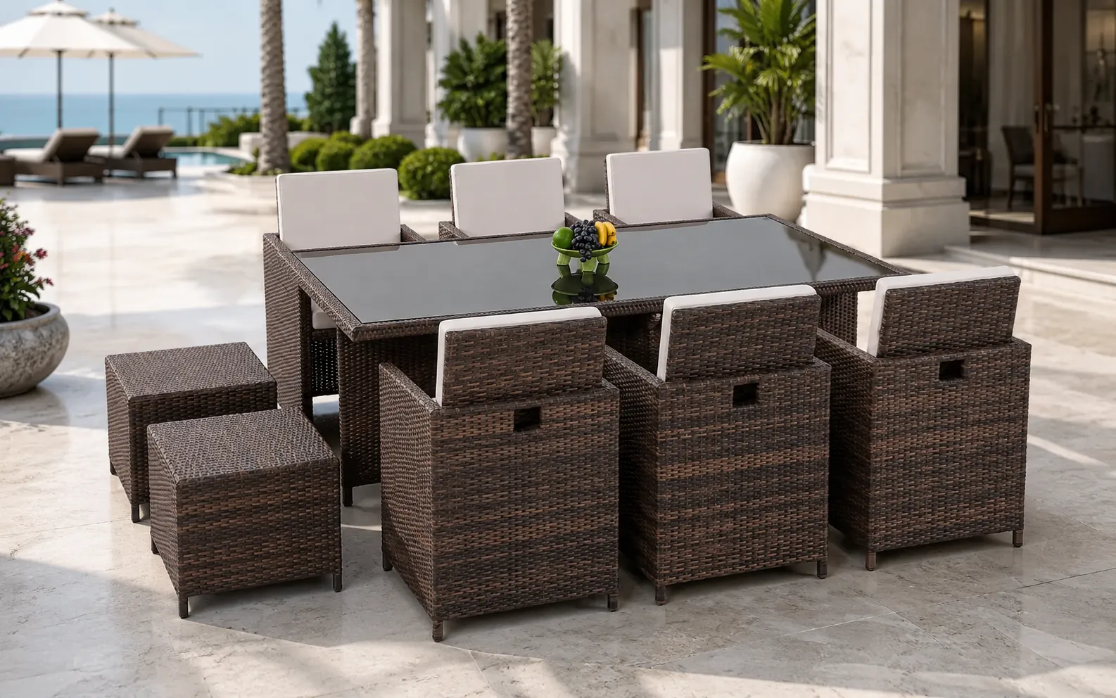 XIMU Furniture PE rattan patio dining set with 6 chairs, 2 stools and rectangular glass table
