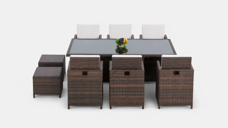 PE Rattan Patio Dining Set with 6 Chairs, 2 Stools & Rectangular Glass Table for Hotel Outdoor Dining