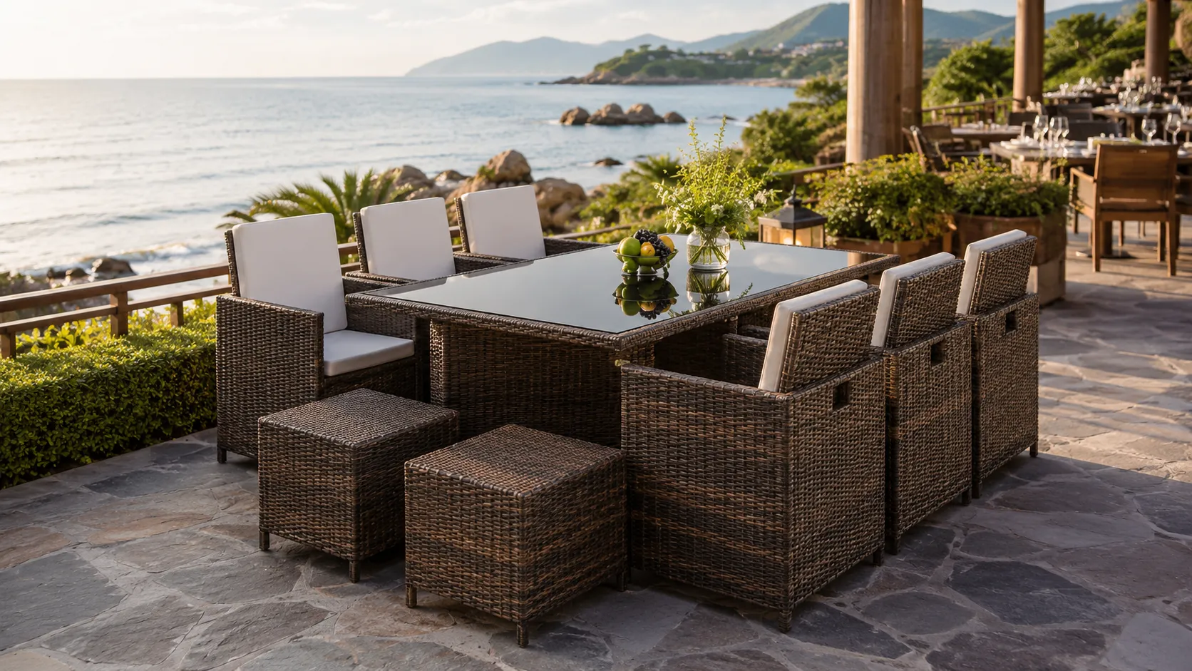 PE Rattan Patio Dining Set with 6 Chairs, 2 Stools & Rectangular Glass Table for Hotel Outdoor Dining