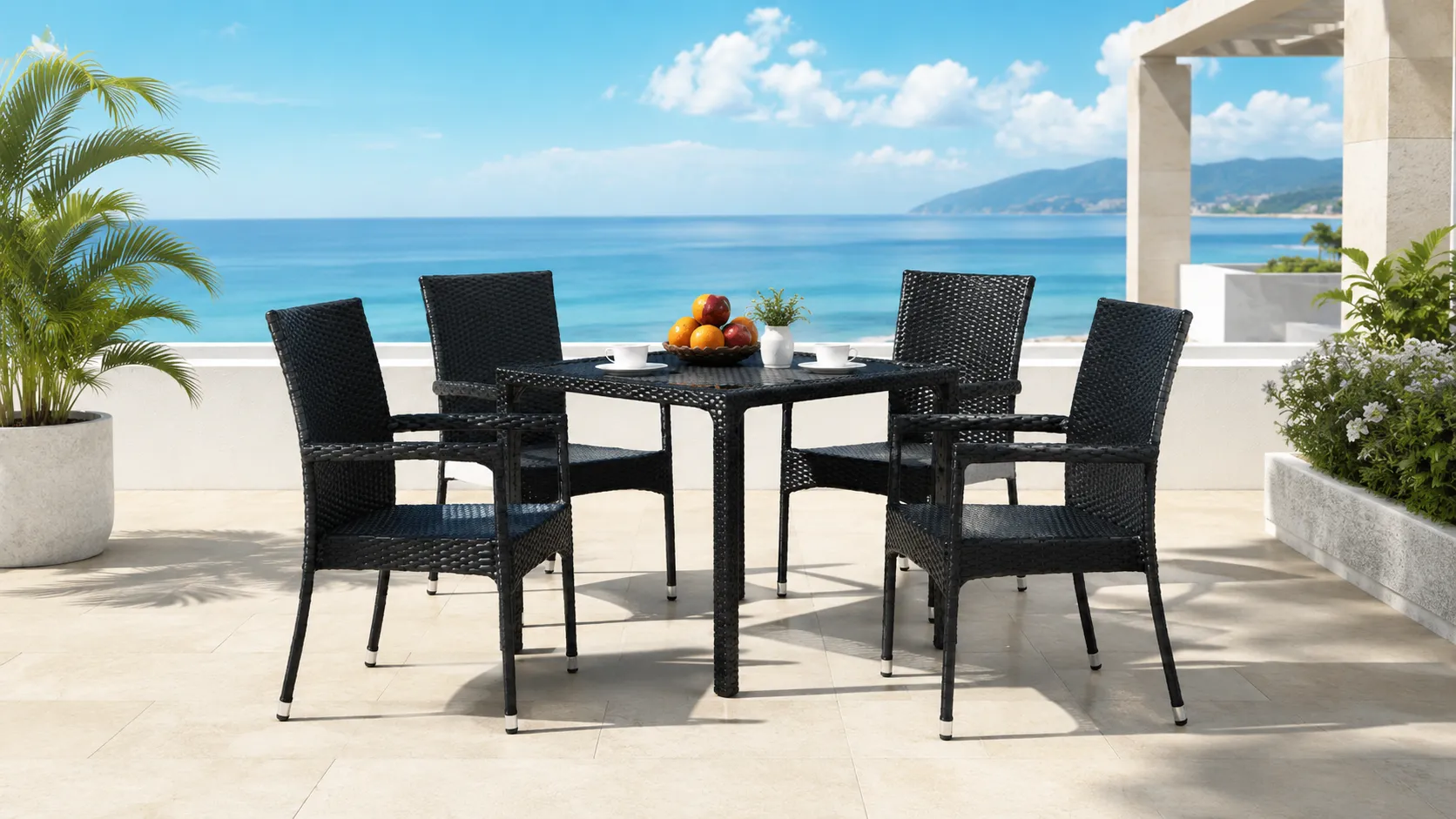 PE Rattan Patio Dining Set with 4 Armchairs & Square Glass Table for Hotel Outdoor Dining