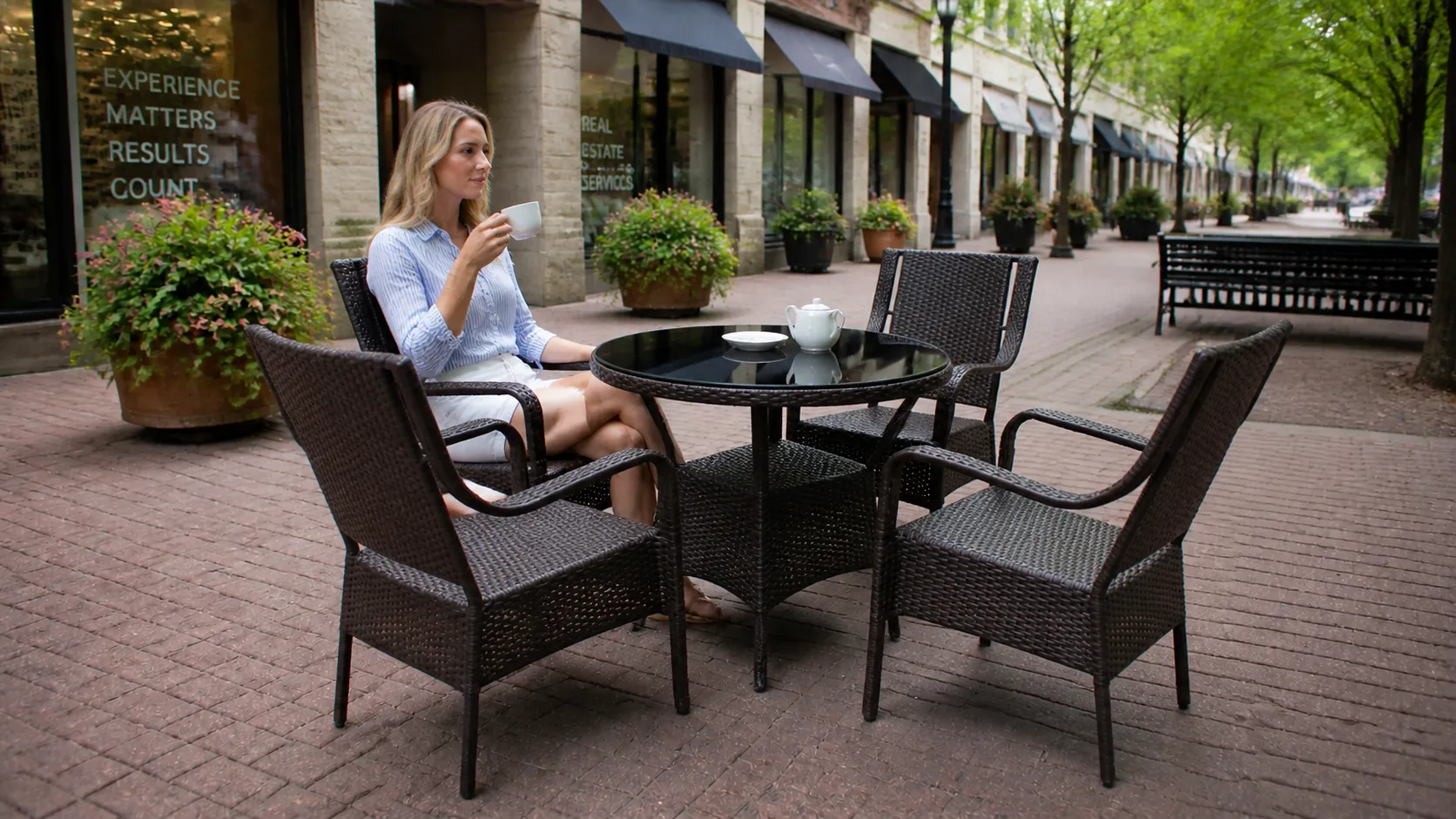 PE Rattan Round Outdoor Dining Set with 4 Armchairs for Patio, Balcony & Café