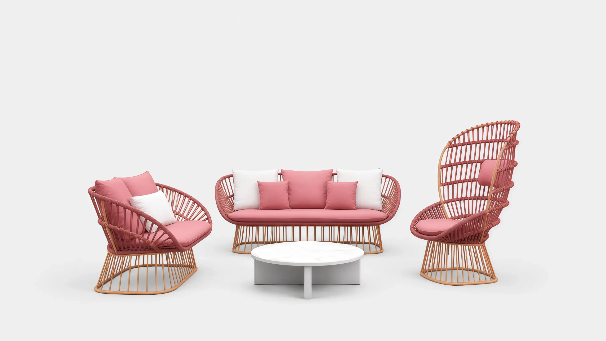 Pink Outdoor Rope Conversation Set with Sofa, Lounge Chairs and Coffee Table