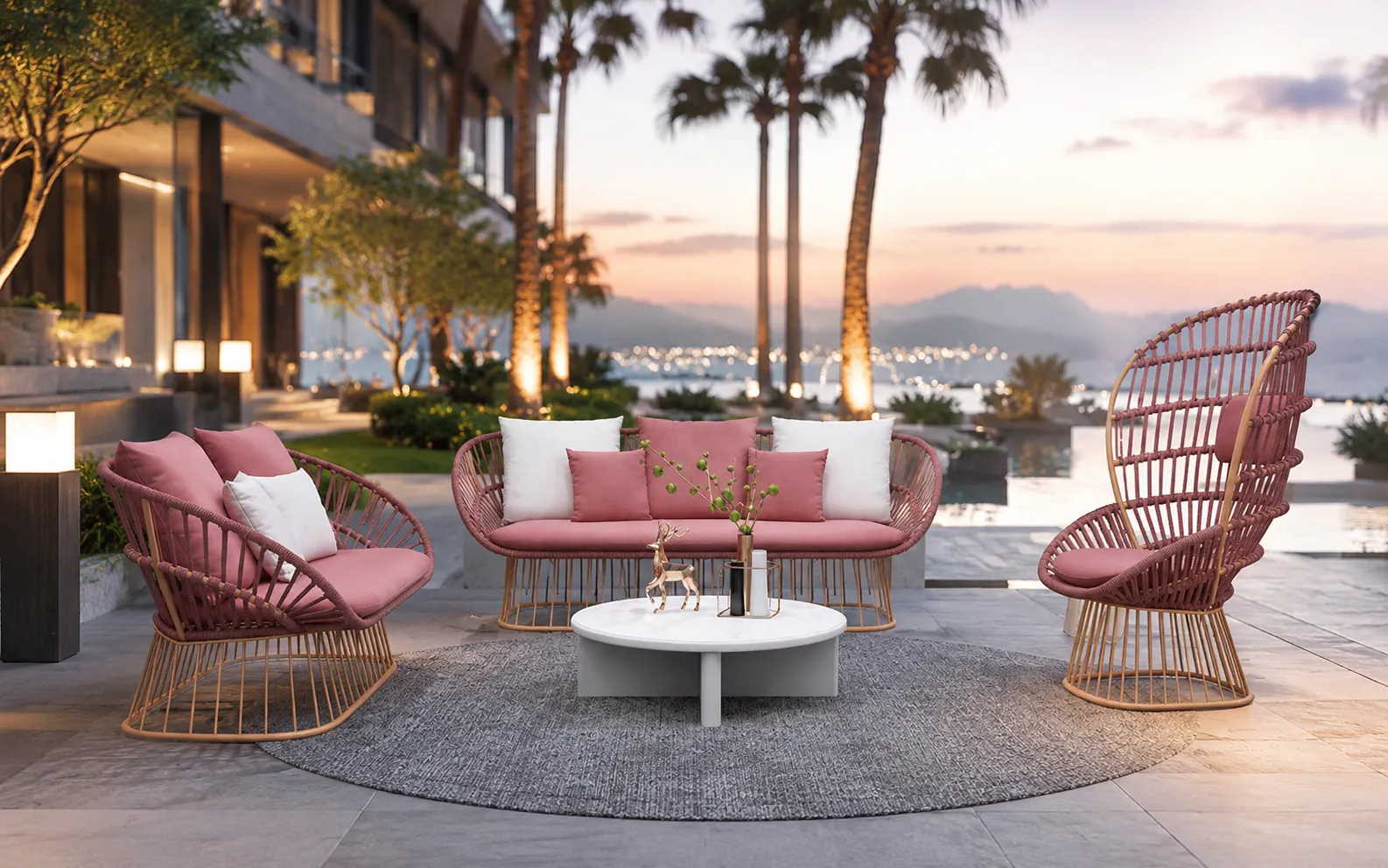 XIMU Furniture pink outdoor rope conversation set with sofa lounge chairs and coffee table