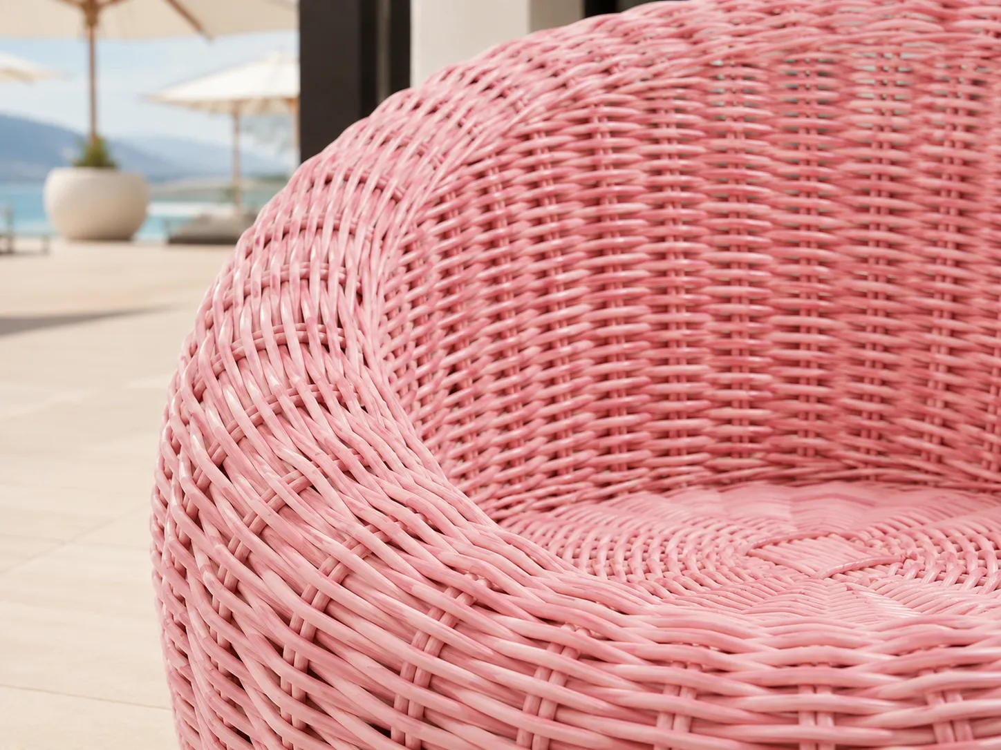 Pink PE rattan wicker detail of kids outdoor chair