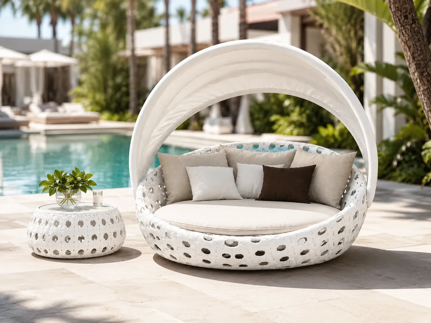 Adjustable canopy rattan daybed for poolside relaxation