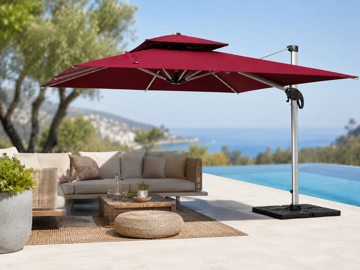 Adjustable height cantilever umbrella for poolside shade