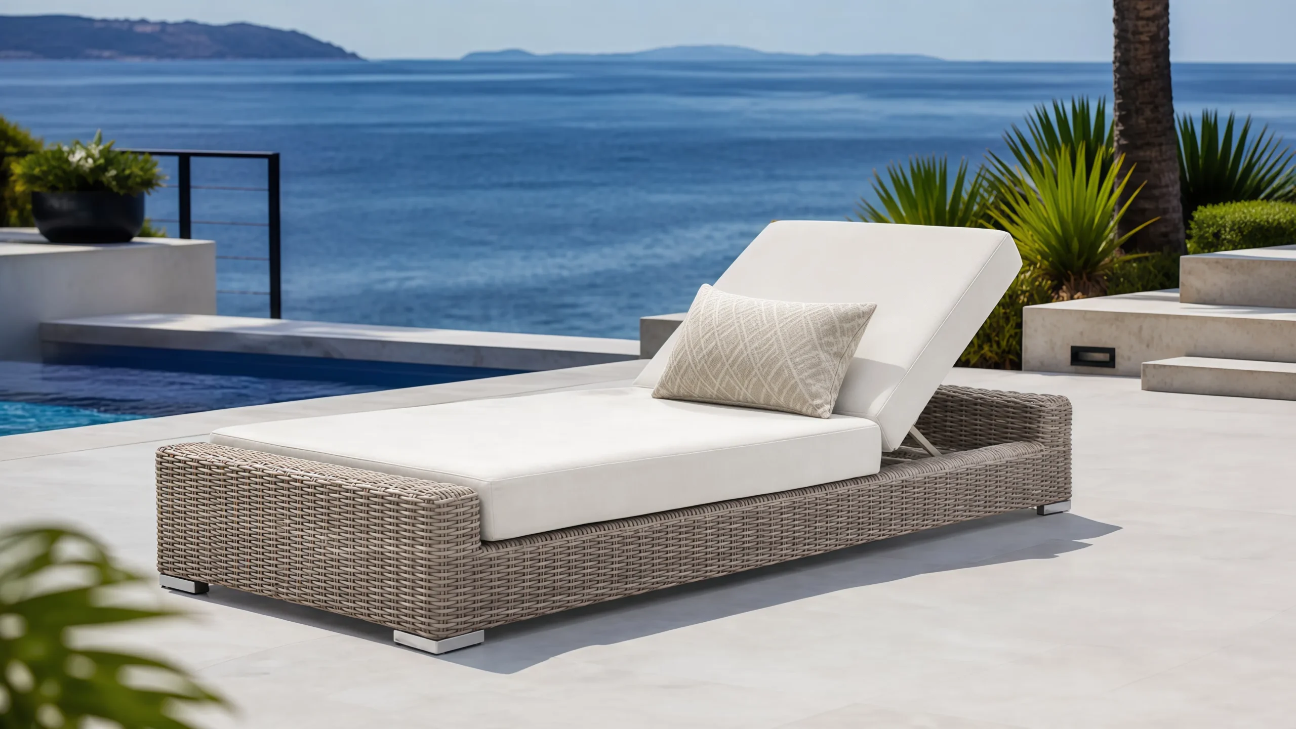 Adjustable Wicker Outdoor Sun Lounger with White Cushion