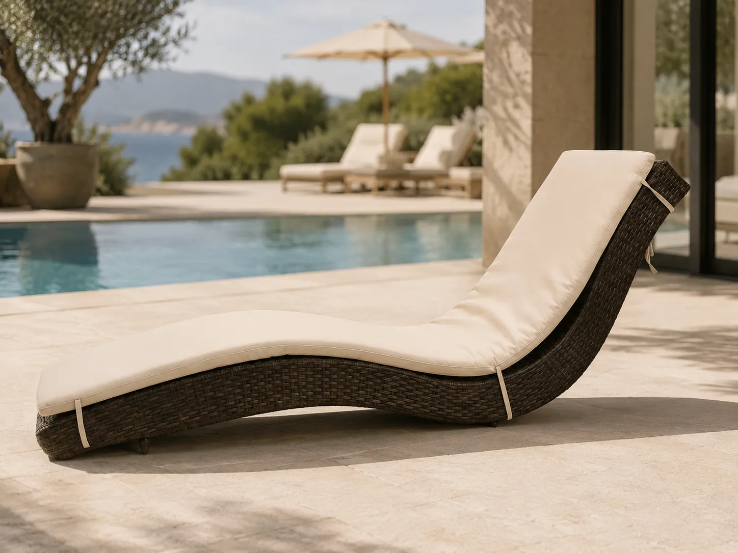 Adjustable wicker sun lounger used beside a resort swimming pool