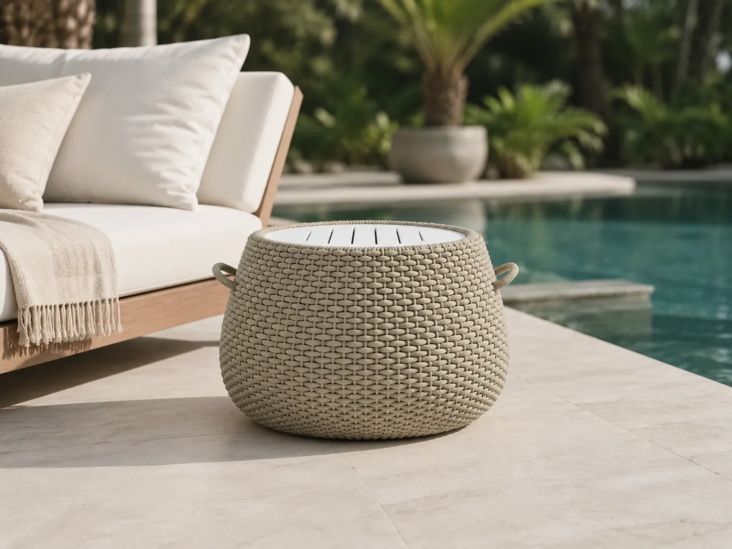 Beige rope outdoor coffee table for poolside lounge furniture projects