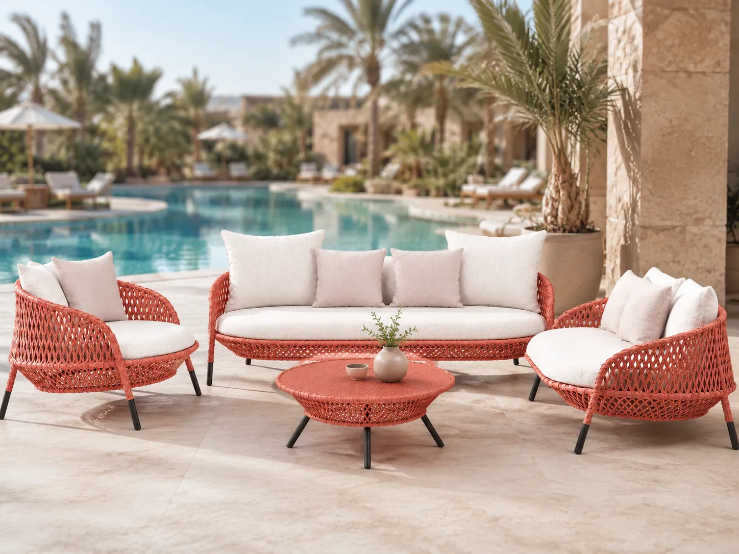 Coral wicker outdoor conversation set for poolside lounge projects