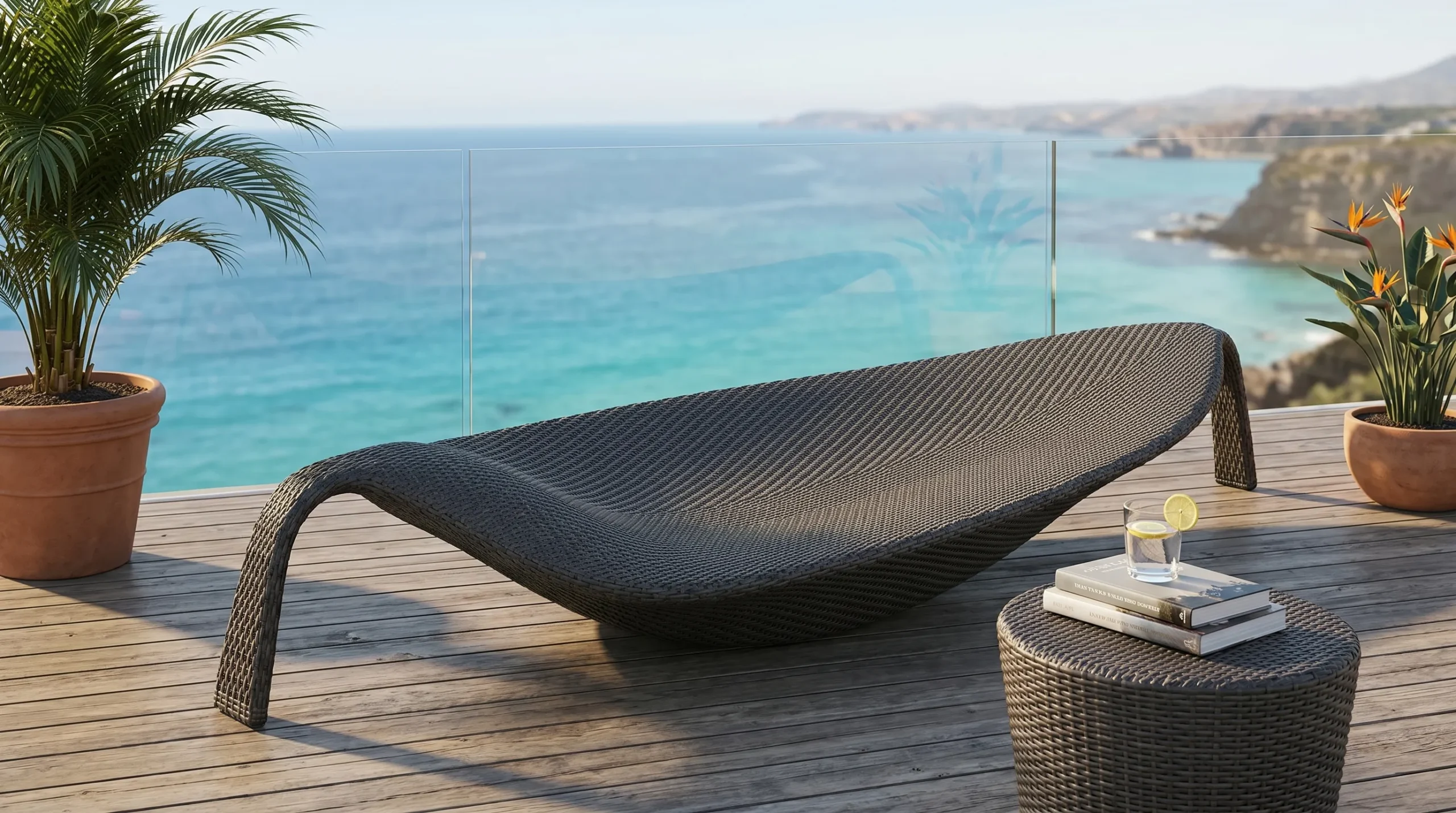 Curved Wicker Outdoor Sun Lounger without Cushion