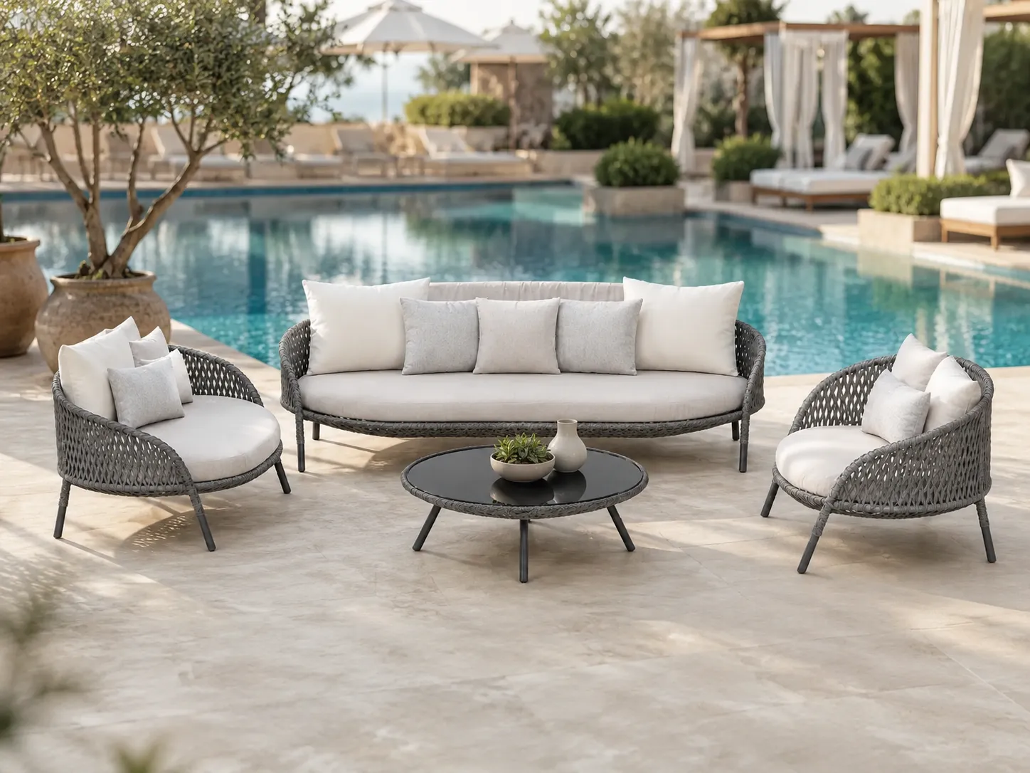 Grey wicker outdoor conversation set for poolside lounge projects