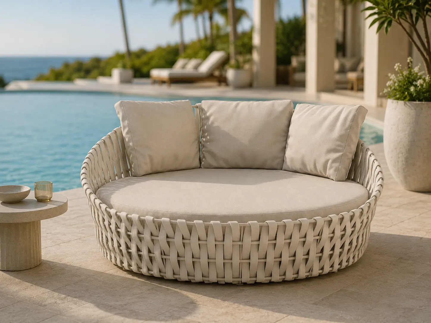 Large rope outdoor daybed used beside a resort swimming pool