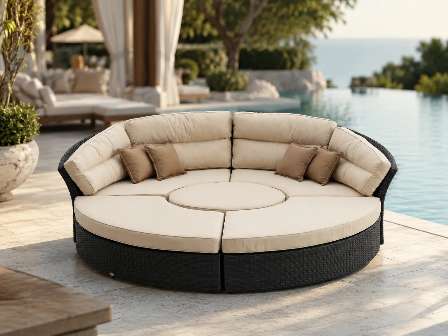 Large round wicker outdoor daybed used beside a resort swimming pool