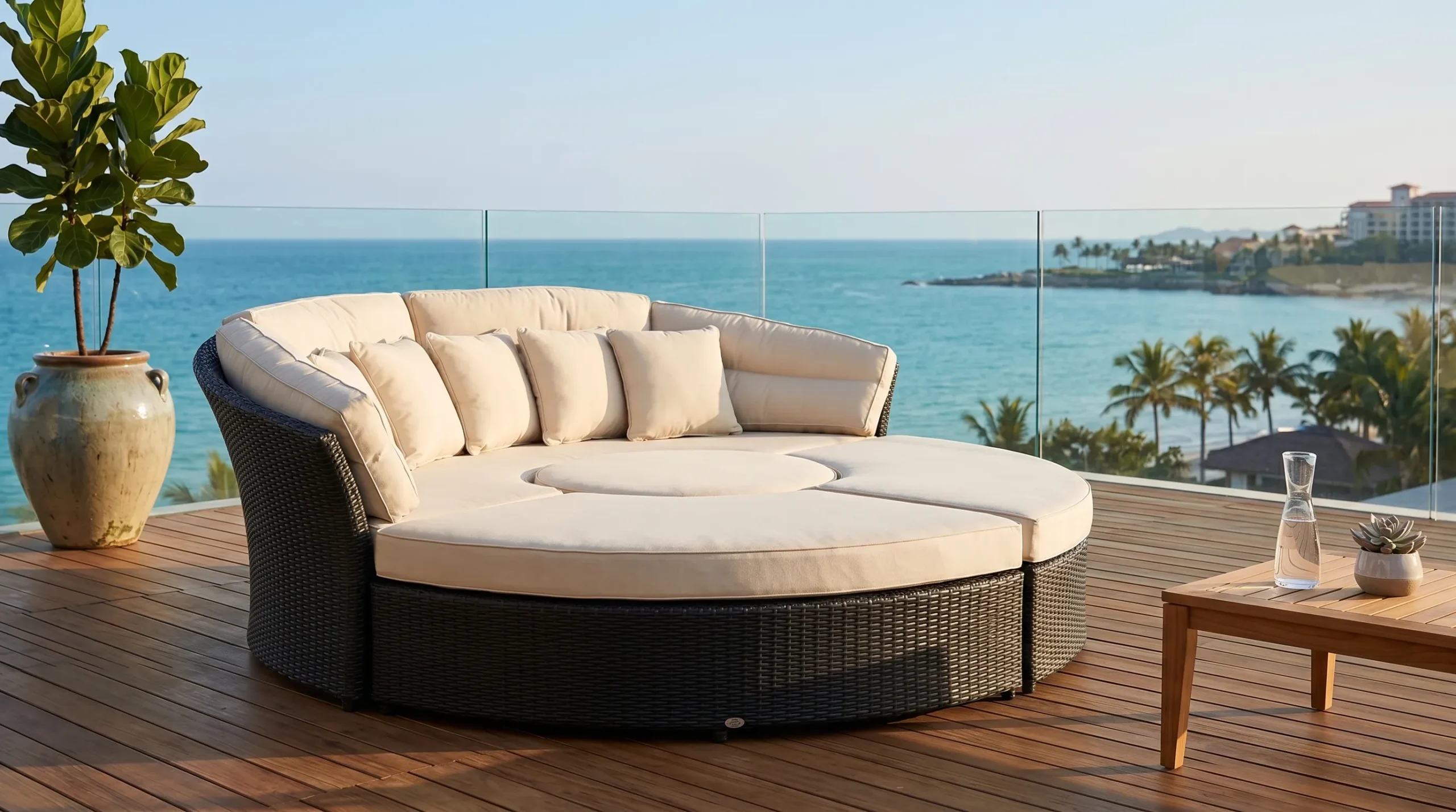 Large Round Wicker Outdoor Daybed with Beige Cushions