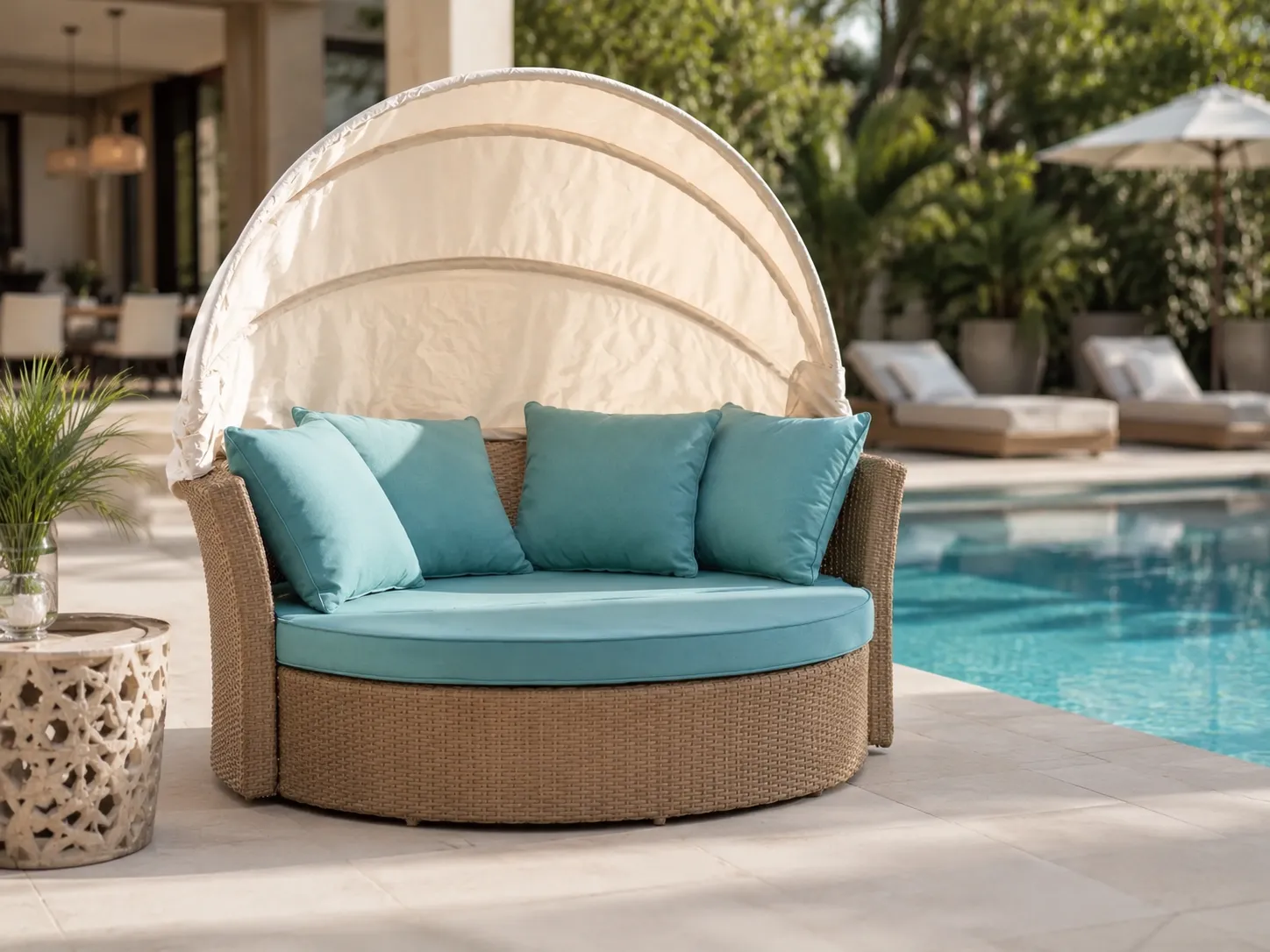 Large wicker canopy daybed used beside a resort swimming pool