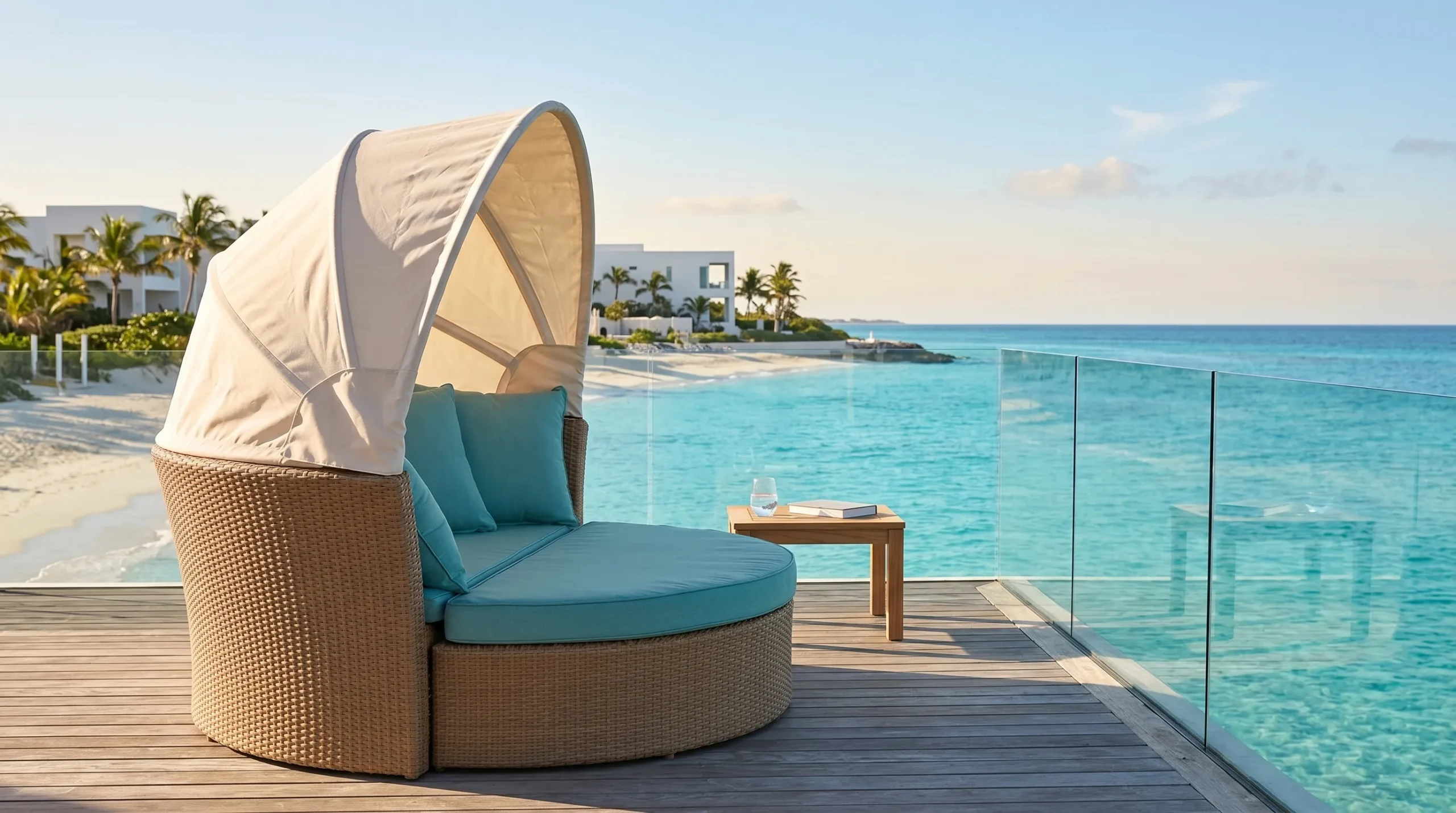 Large Wicker Outdoor Daybed with Adjustable Canopy
