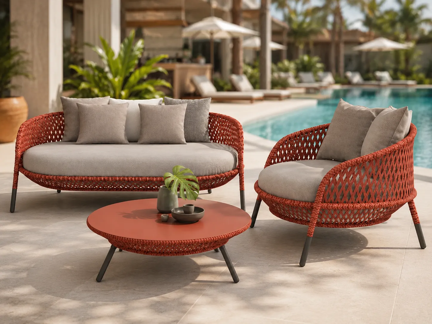 Orange wicker outdoor conversation set for poolside lounge projects