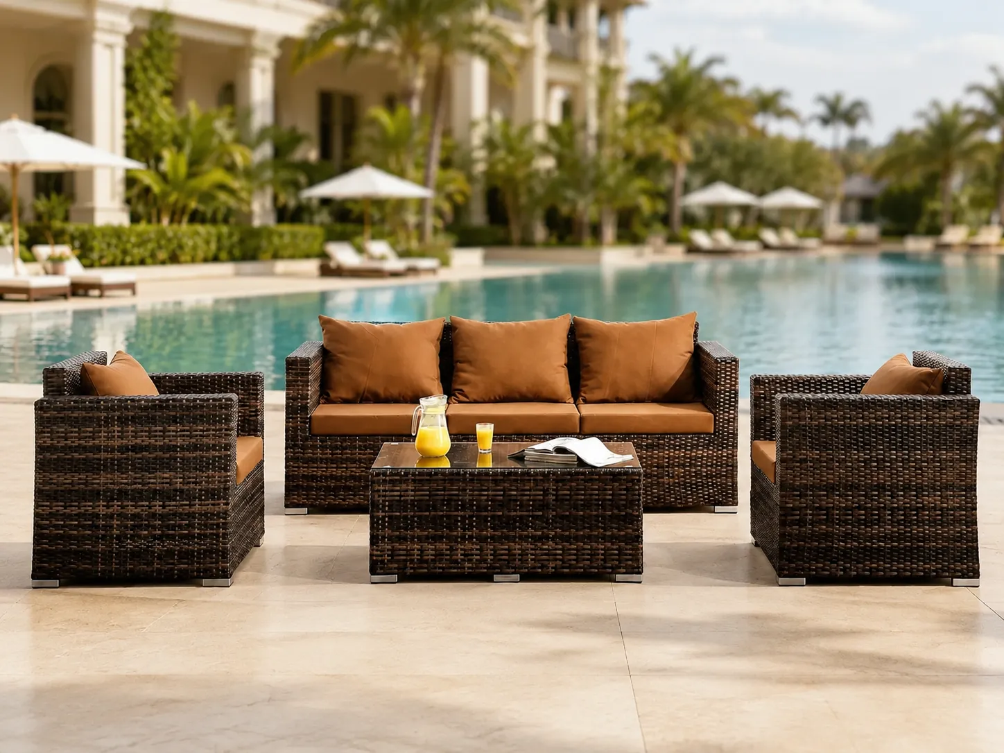 PE rattan conversation sofa set for poolside outdoor seating