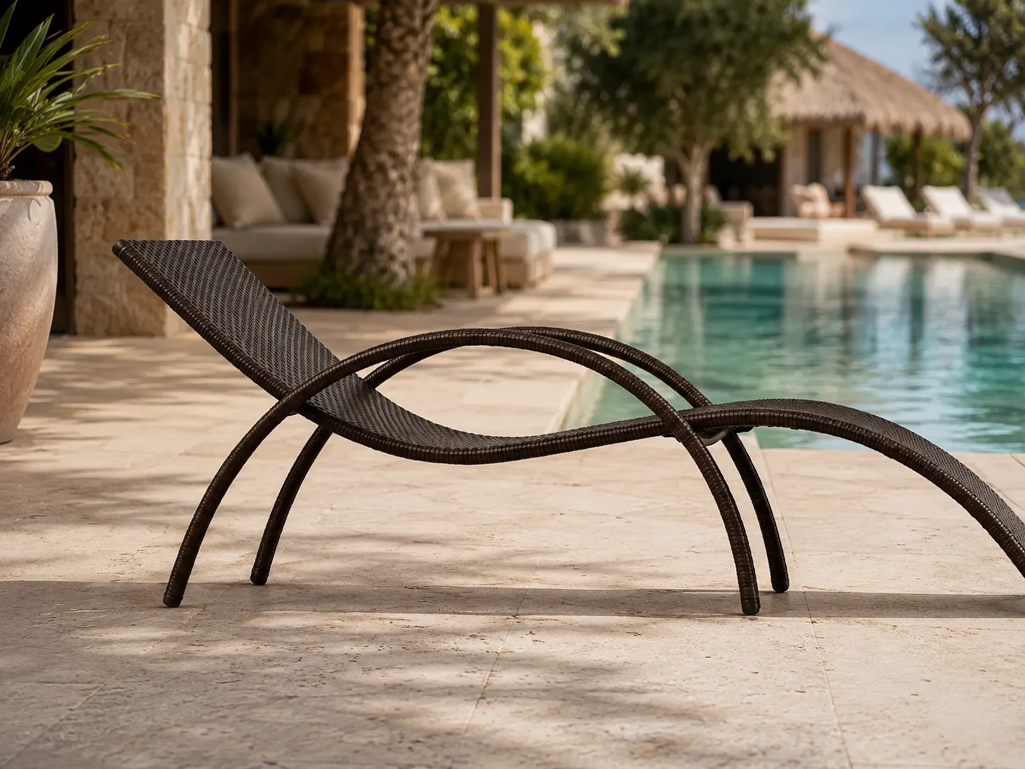 PE rattan outdoor sun lounger beside a resort swimming pool