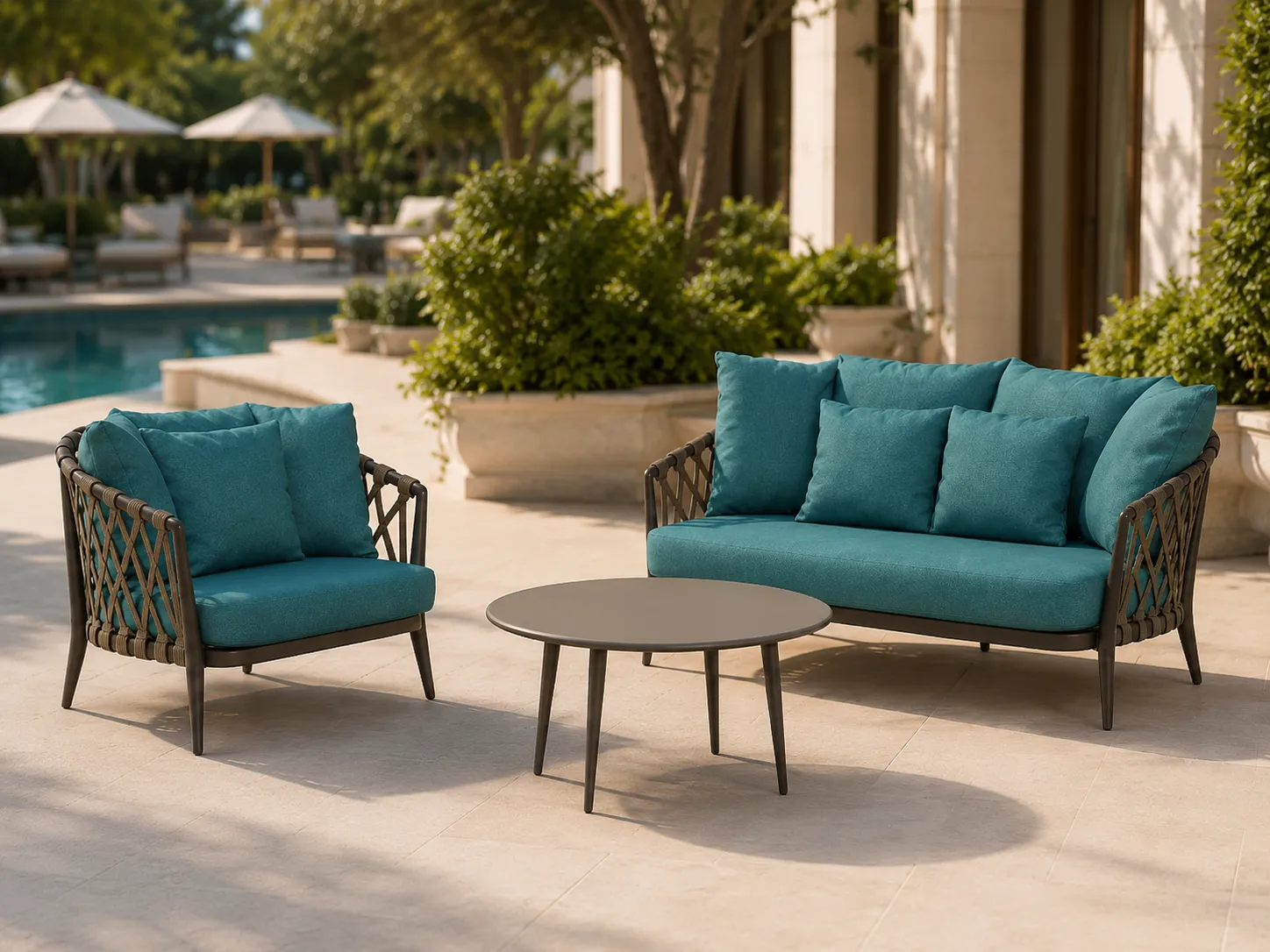 Teal cushion rope conversation set for poolside lounge area