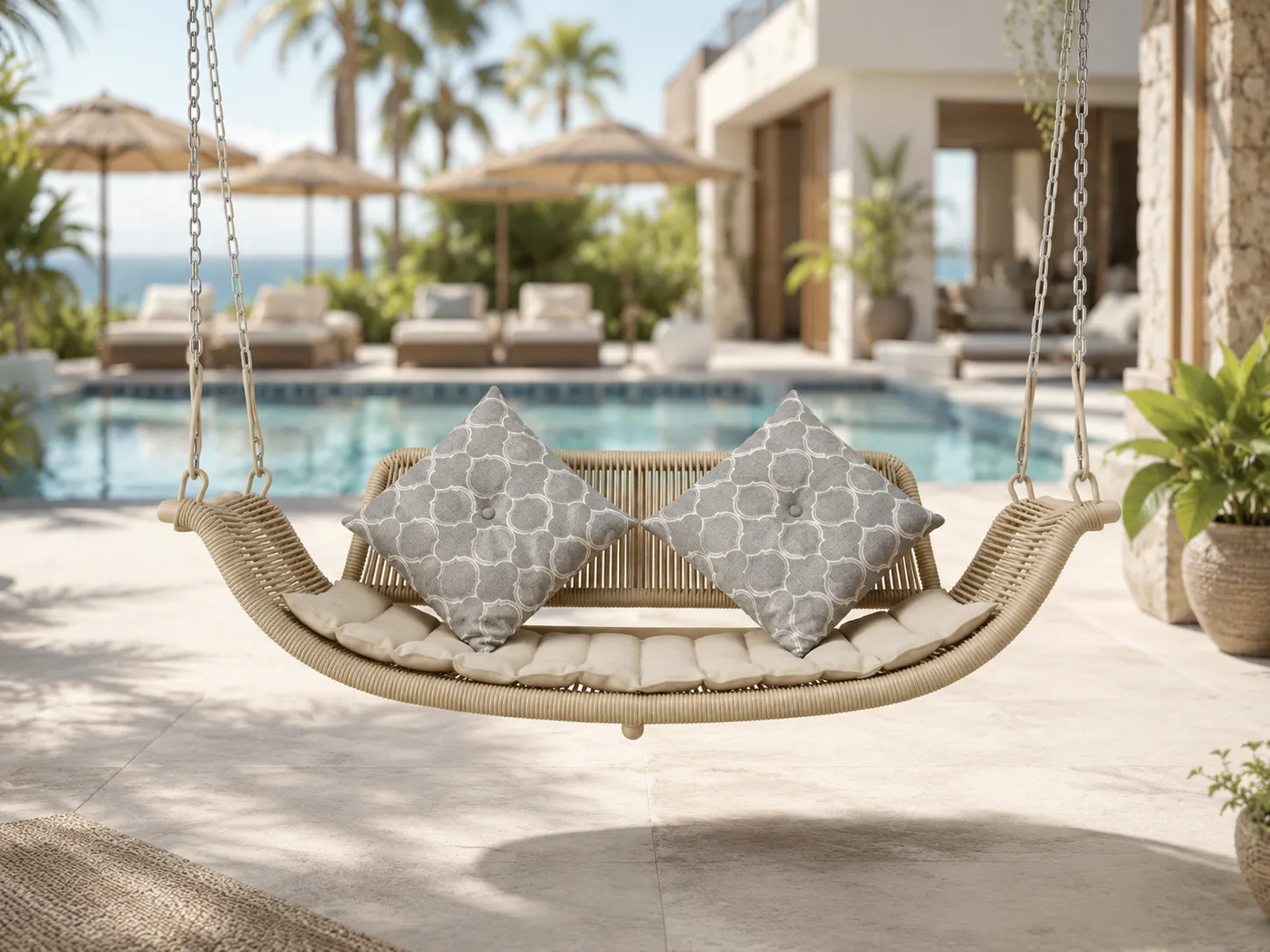 Rope hanging swing daybed for poolside outdoor lounge projects