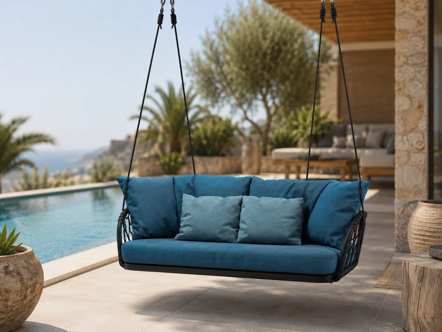 Rope hanging swing sofa with blue cushions used beside a poolside lounge area
