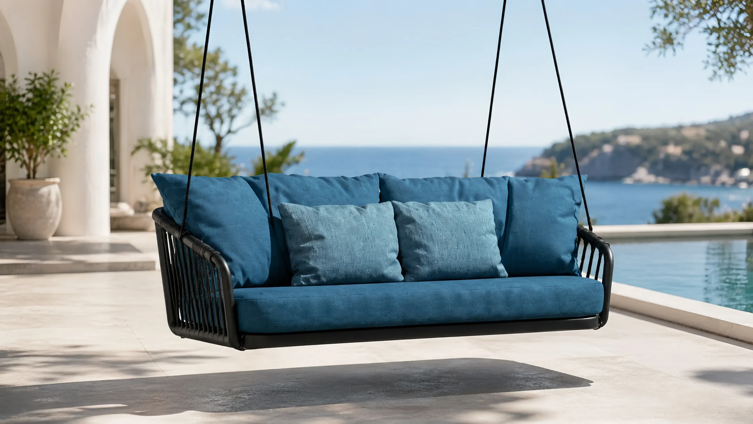 Rope Outdoor Hanging Swing Sofa with Blue Cushions