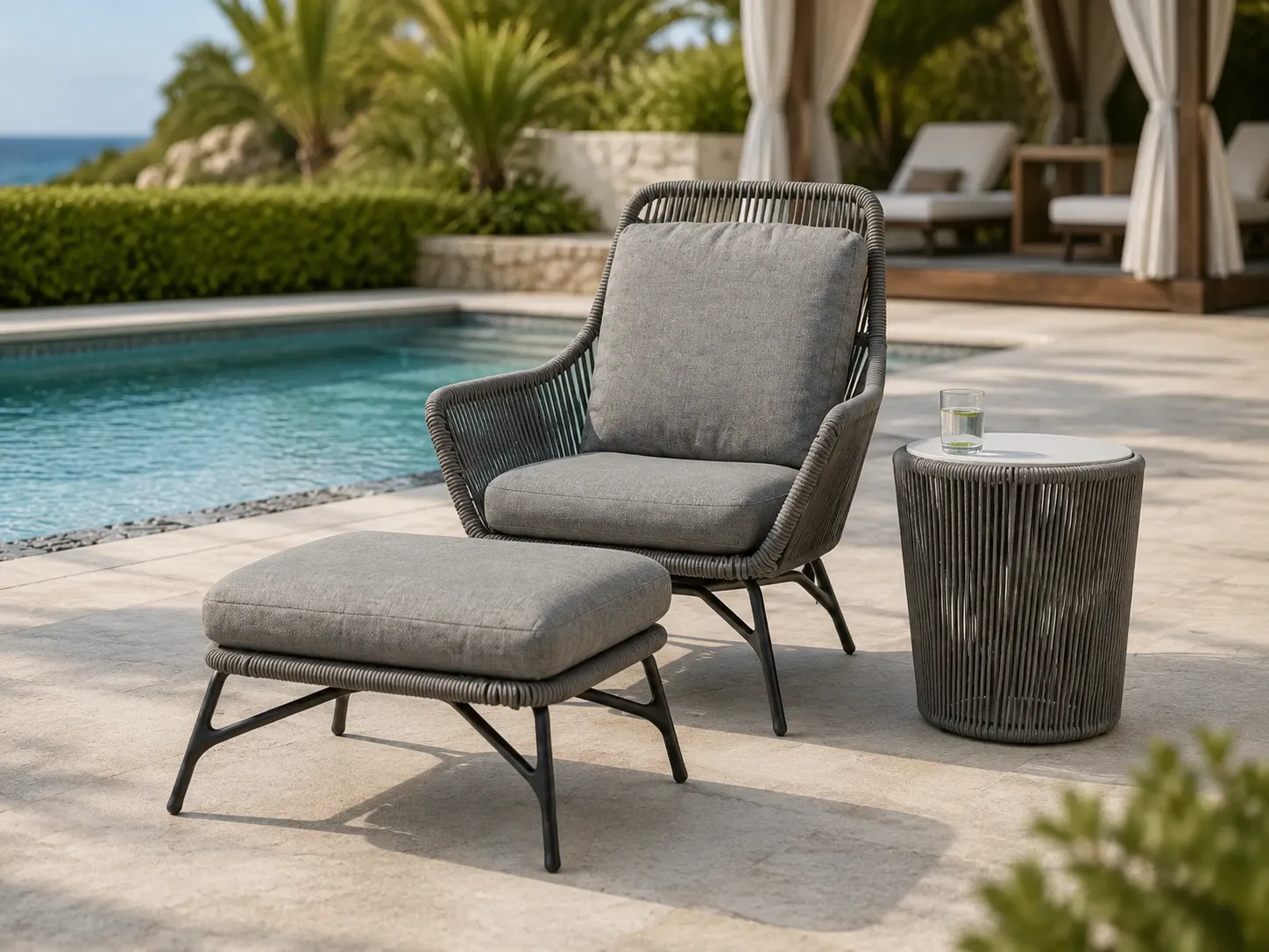 Poolside rope lounge chair with ottoman and side table