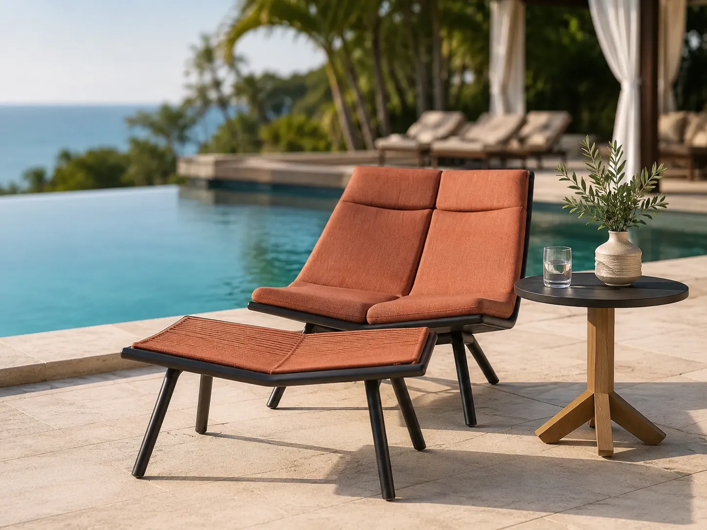 Poolside rope lounge chair with ottoman and side table