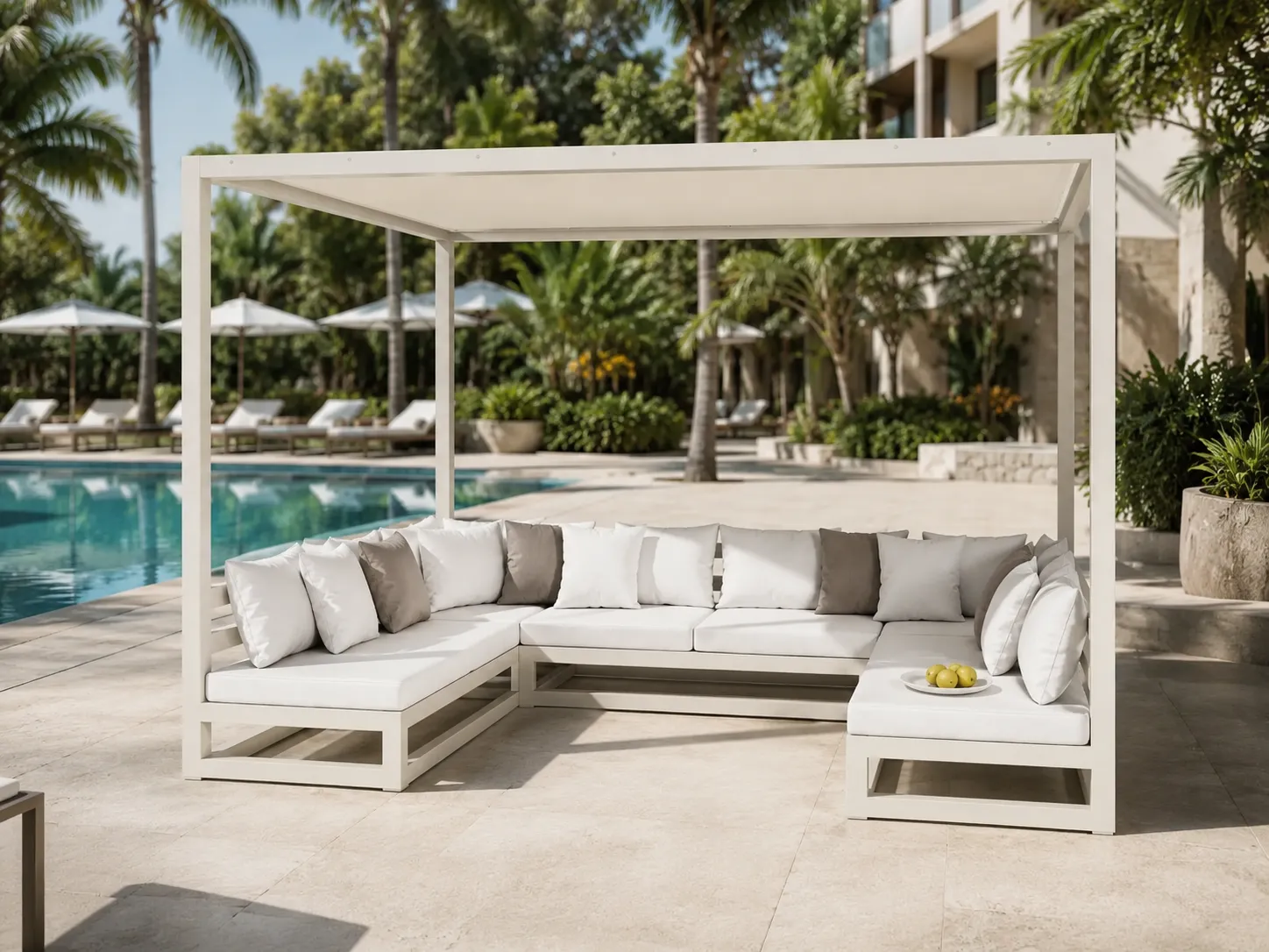 Aluminum outdoor cabana daybed used beside a resort pool