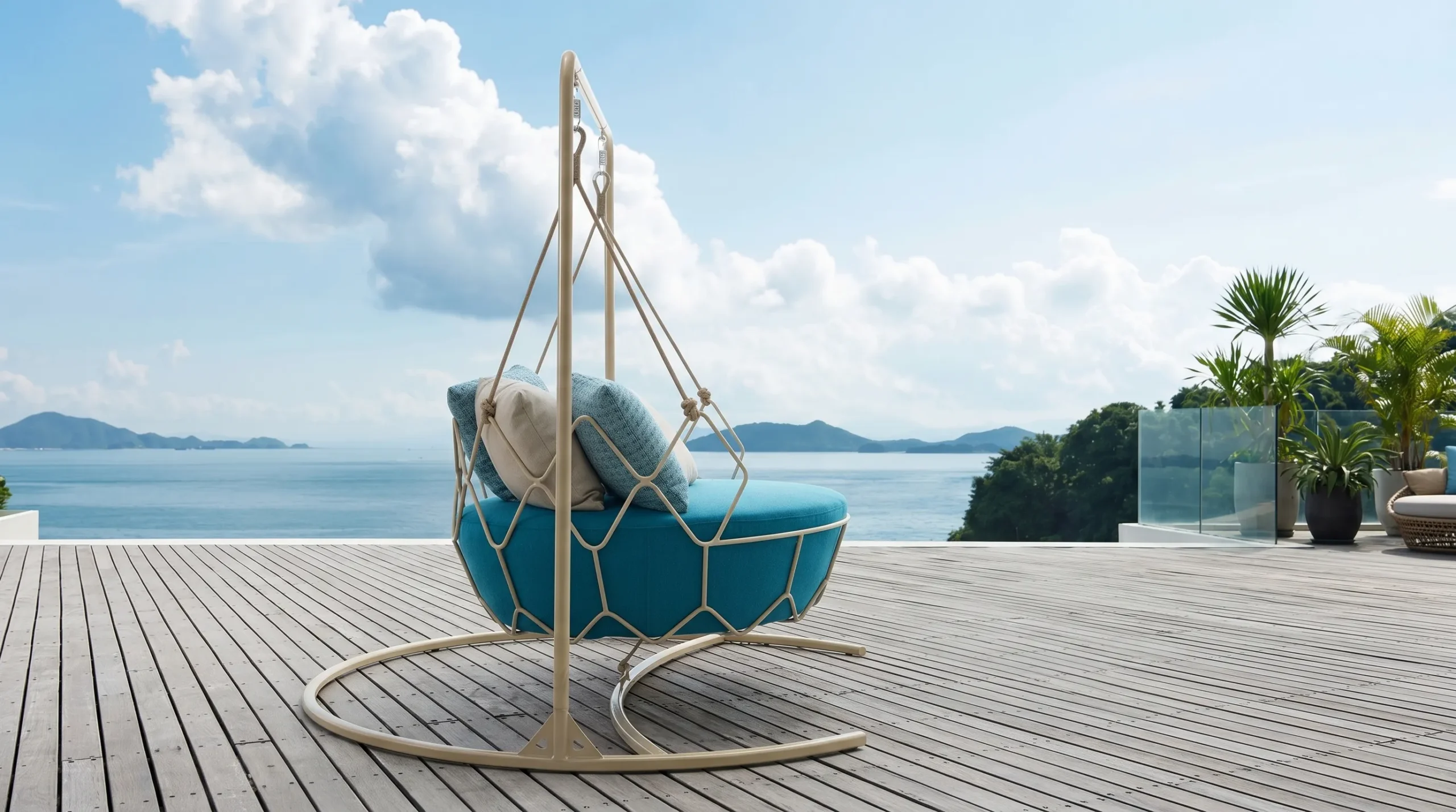 Stainless Steel Outdoor Hanging Swing Chair with Blue Cushion