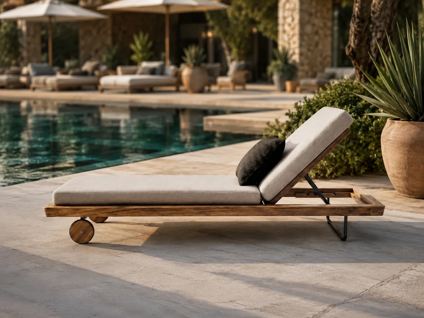 Grade-A teak outdoor sun lounger used beside a resort pool