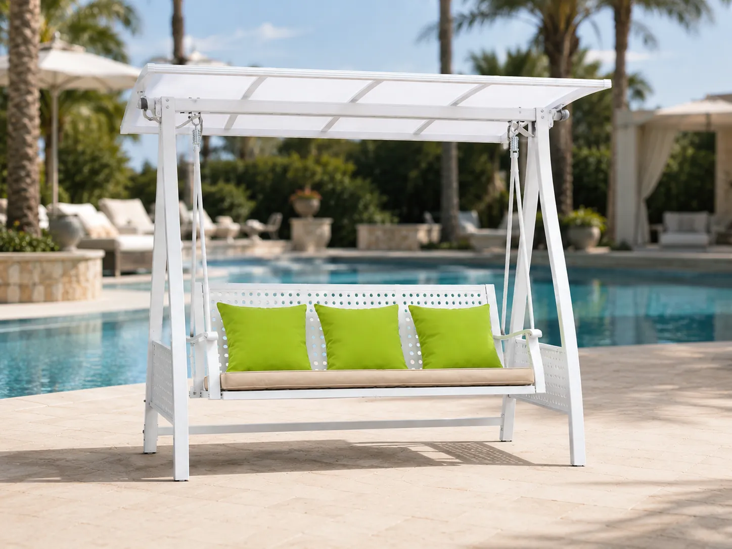 White outdoor swing sofa with canopy for poolside lounge projects