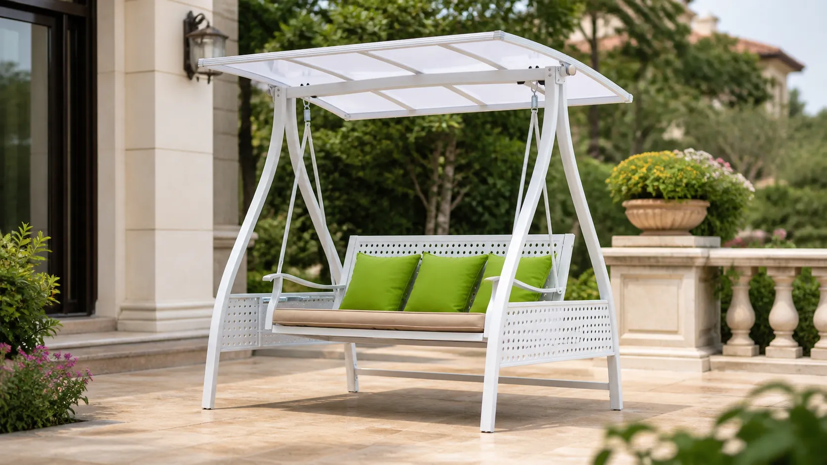 White Outdoor Canopy Swing Sofa for Patio and Garden Spaces