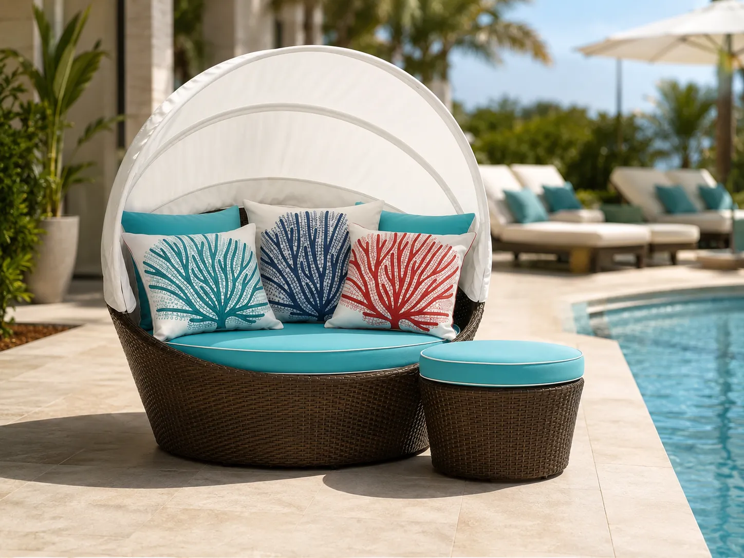Wicker outdoor daybed with foldable canopy used beside a pool