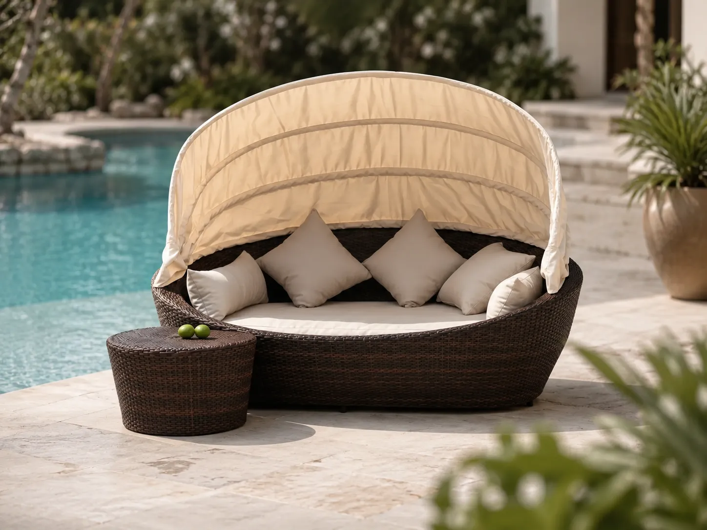 Wicker outdoor canopy daybed used beside a resort swimming pool
