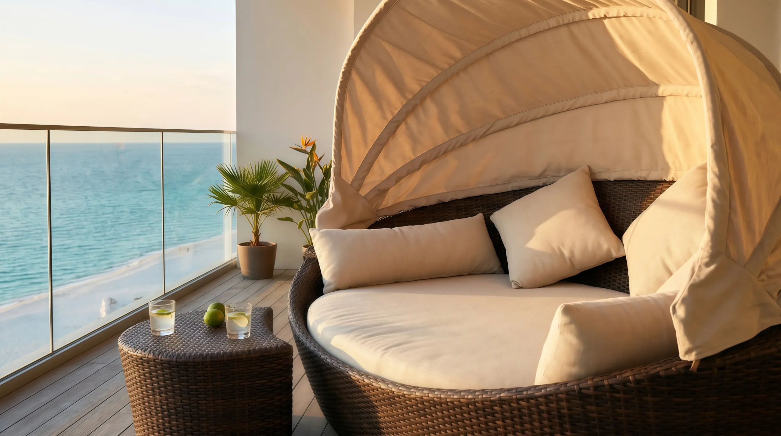 Wicker Outdoor Canopy Daybed with Side Table
