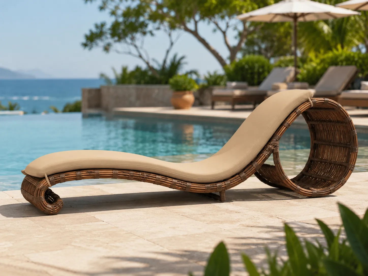 Wicker outdoor sun lounger used beside a resort swimming pool