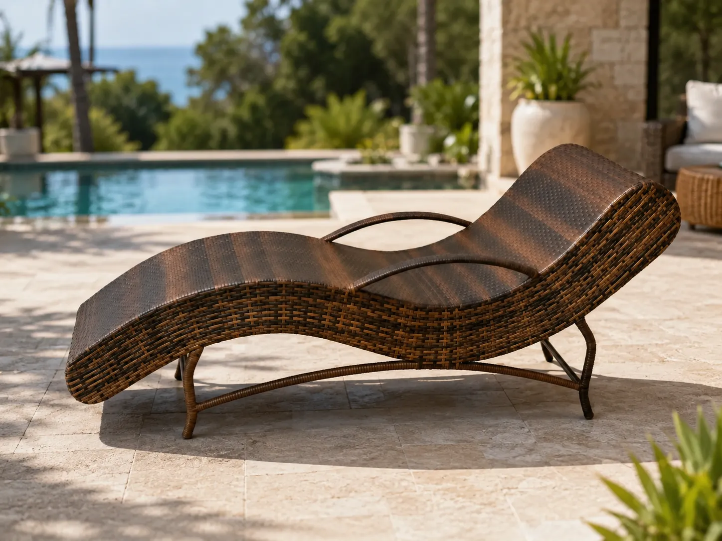 Wicker outdoor sun lounger used beside a resort swimming pool