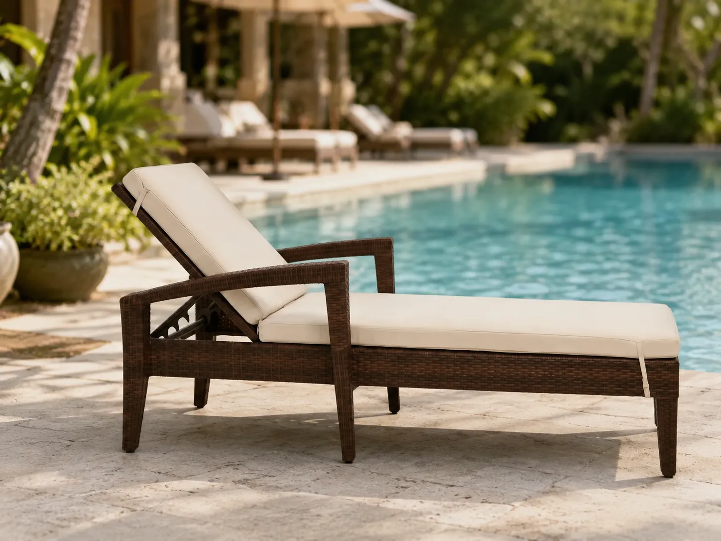 Wicker sun lounger with armrests used beside a resort swimming pool