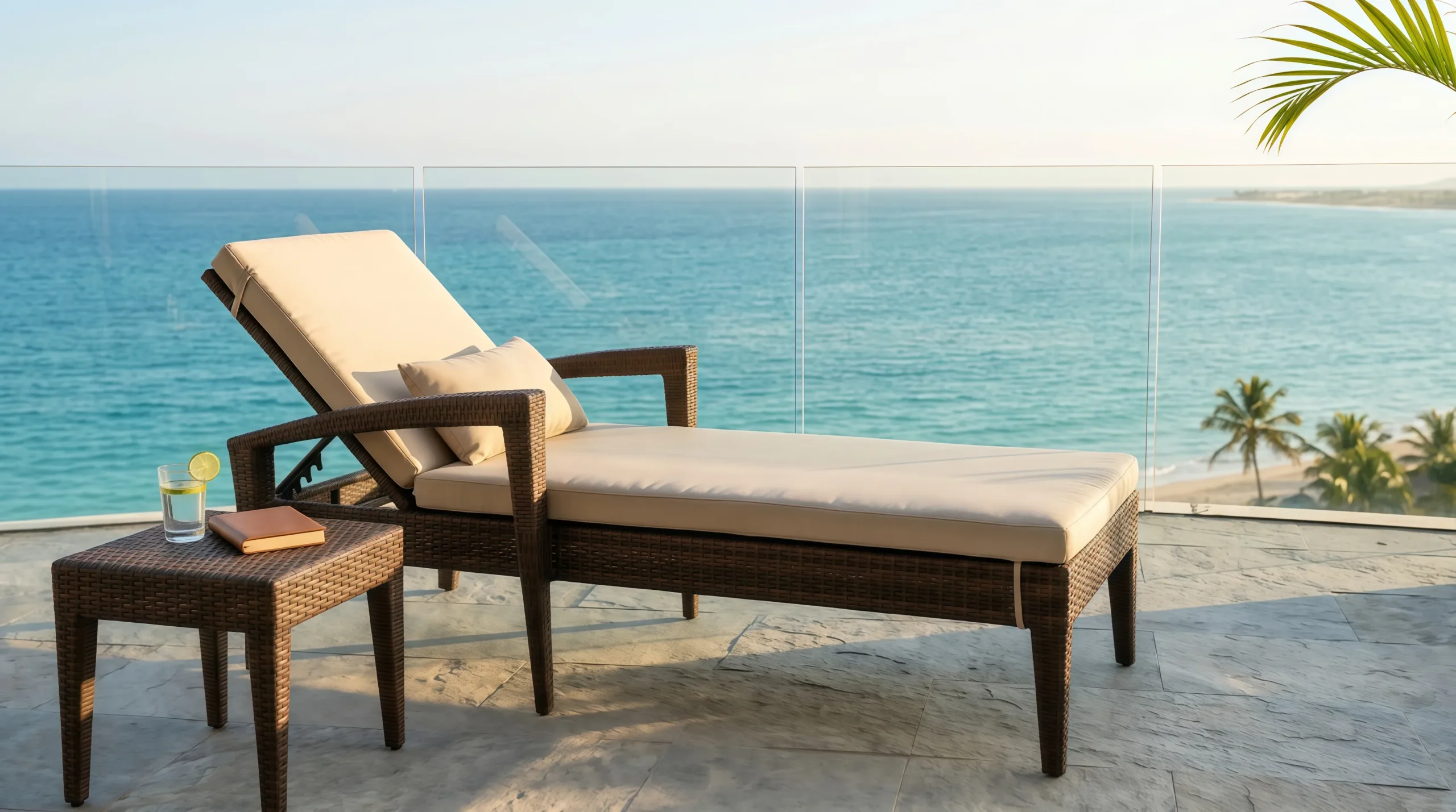 Wicker Outdoor Sun Lounger with Armrests and Beige Cushion