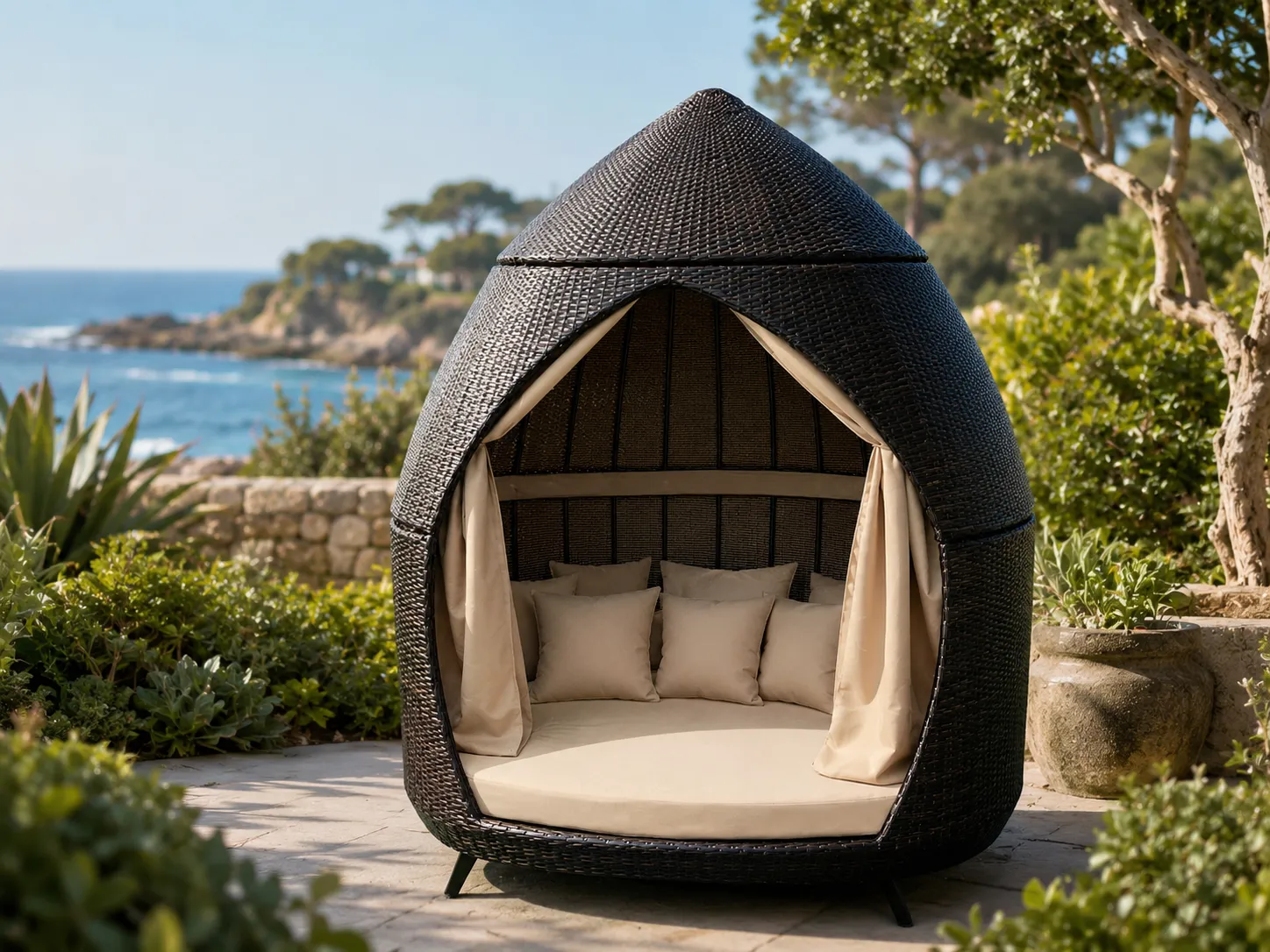 Private outdoor rattan daybed with cushions for resort lounge areas